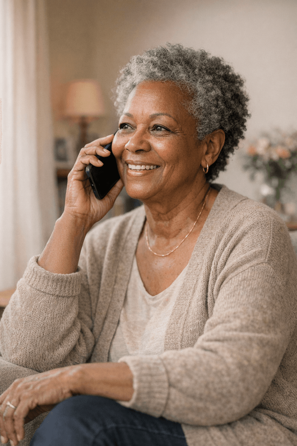 An older adult speaking with a companion by phone during a relaxed consultation