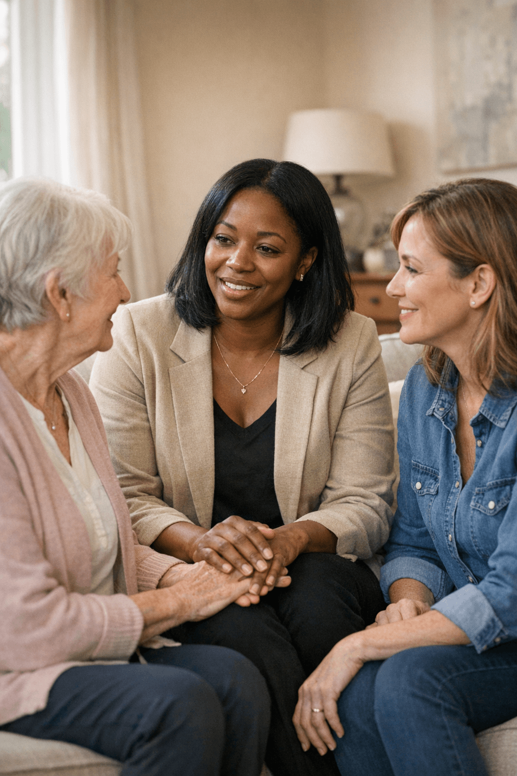 A companion sharing a reassuring update with a family member