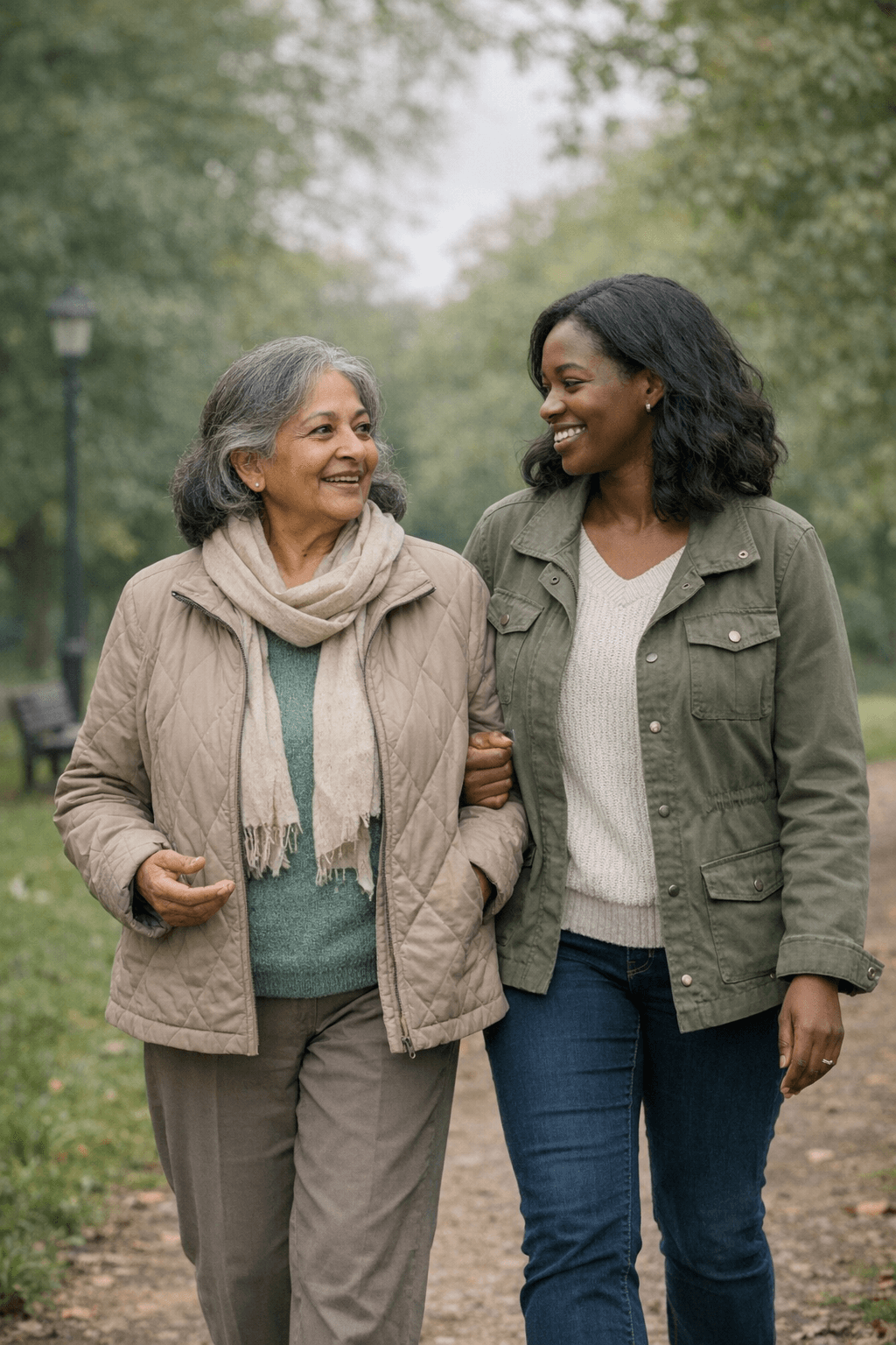 An older adult and companion walking together in a local park